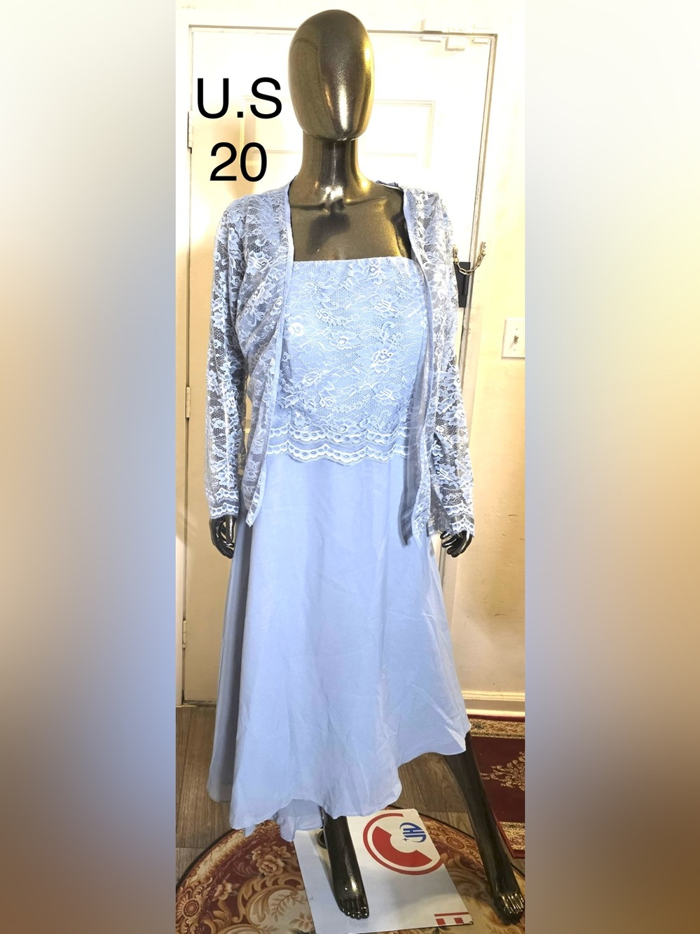 Lace-Accented Light Blue Women's Dress with Jacket